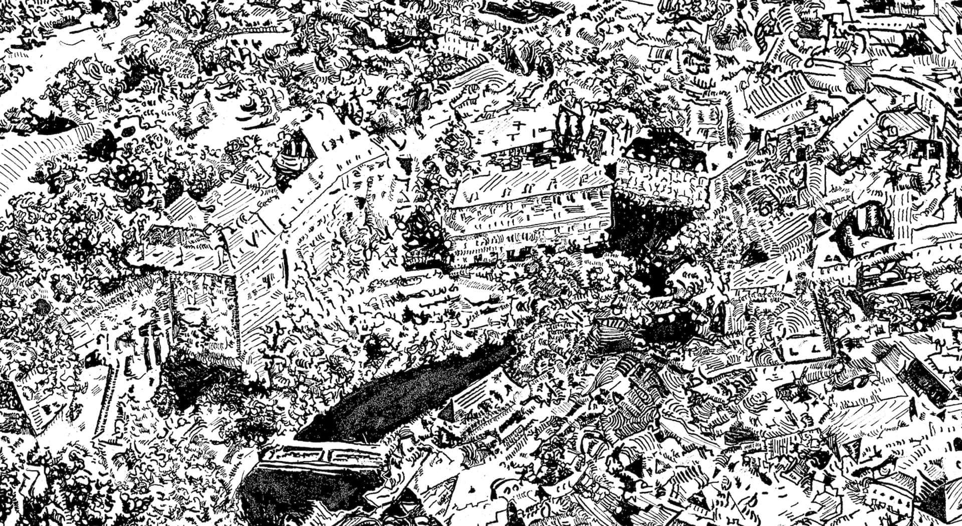 black and white drawing of village